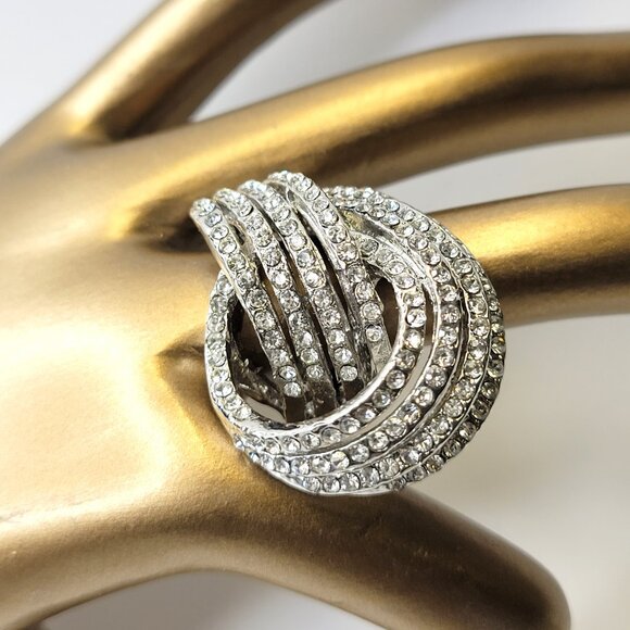 Silver Crystal Rhinestones Ring Wide Criss Cross Over Size 4.75 - Picture 3 of 12